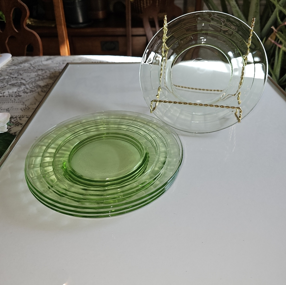 Vintage Green/ Uranium Depression glass Dessert Plates set of 4.
